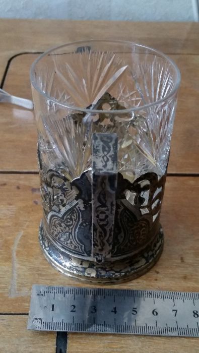 Подстаканник серебряный с хрустальным стаканом 875 проба 35 грамм Сов