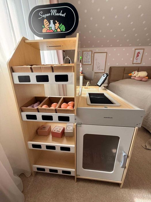 Piață de legume din lemn - tarabă mare XXL, magazin cu casă de marcat de joacă