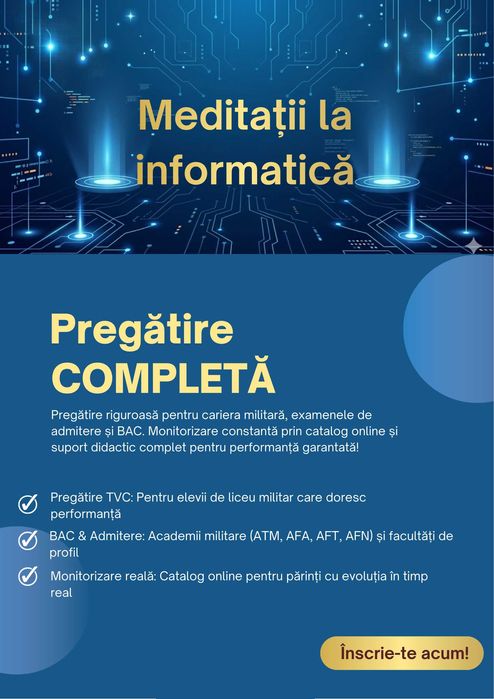 Meditații Informatică – Pregătire TVC (Liceu Militar), BAC & Admitere