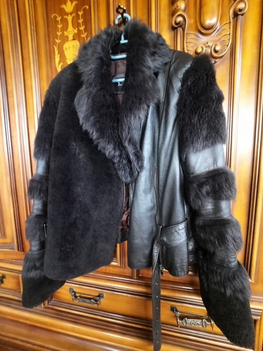 Geaca piele naturala și blană, maro 38-40