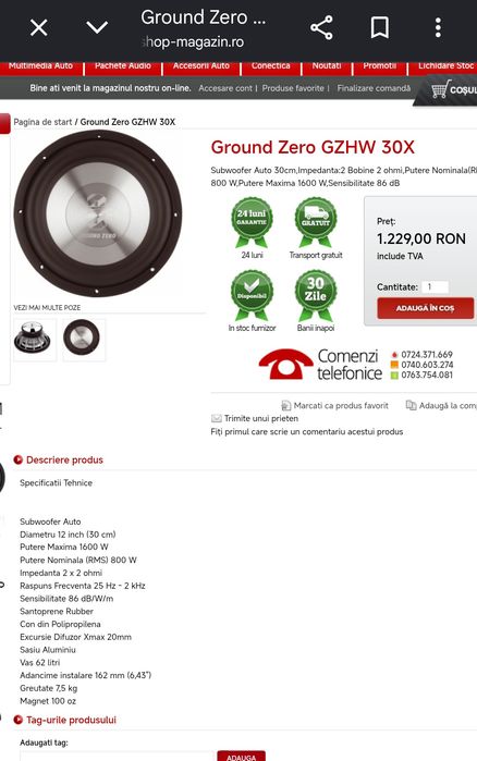 Subwoofer auto activ deaf bonce difuzor ground zero 800 w rms bass audio masina amplificat