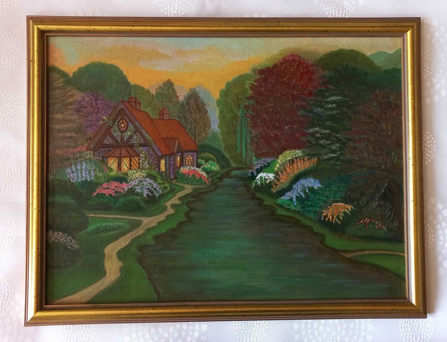 Tablou pictat in ulei pe panza "Casa de langa riu" 30x40 cm