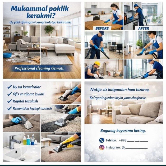 Toshkentda Tezkor va sifatli tozalashXizmatlari – Uy, Ofis, Biznes