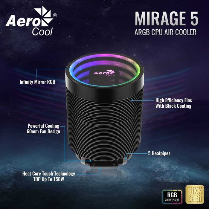 Башенный кулер для ЦП ПК AeroCool Mirage 5