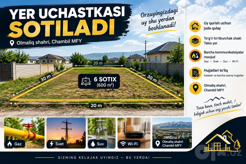 6 sotix, tekis va to‘rtburchak yer — Olmaliq