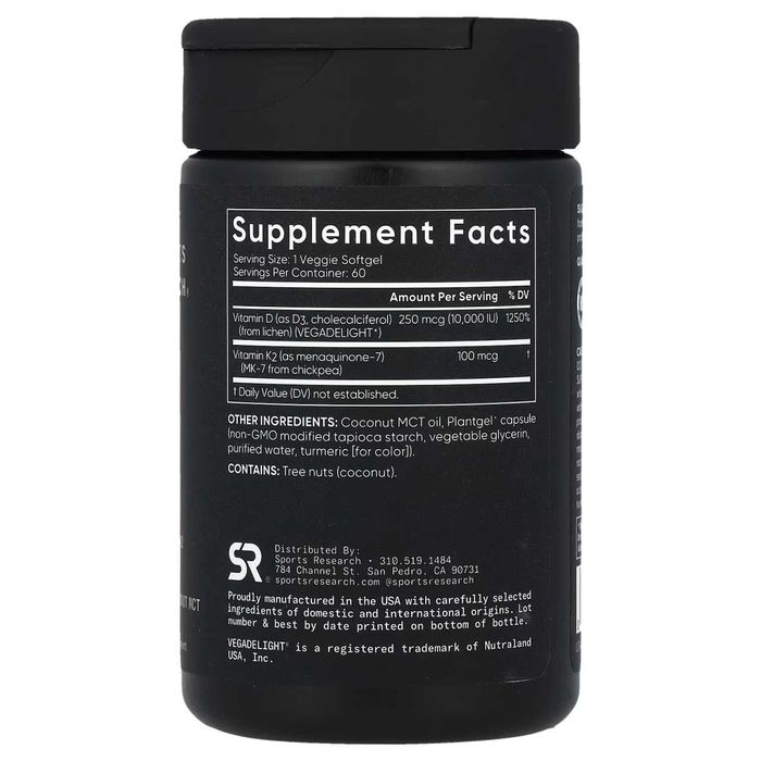 Sports Research, Витамин Д3+К2 10000 доза, Vitamin D3+K2 10000 me