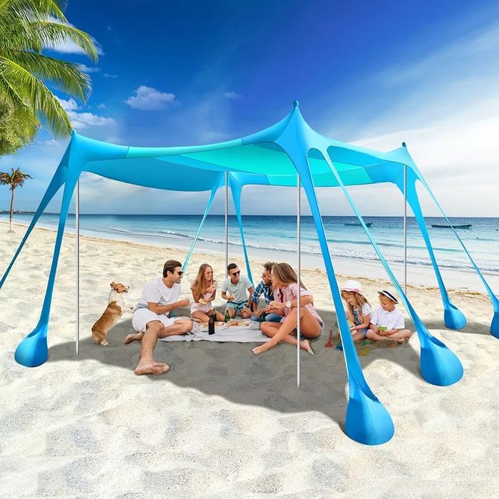 3x3м Плажна тента/ шатра за 8 човека, UPF 50+, 8 торби за пясък, Синя, Rhino Valley