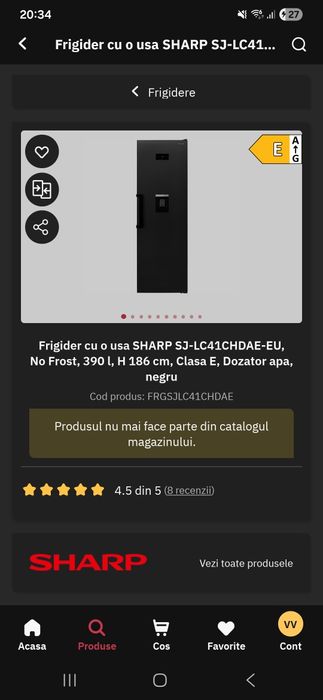 Frigider cu o usa SHARP SJ-LC41CHDAE-EU, No Frost, 390 l, H 186 cm
