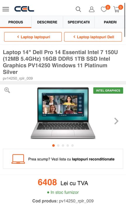 DELL Pro 14 Essential 06.2026 ca NOU Core 7 150U (12MB 5.4GHz) 16gb DDR5 1TB m.2 Intel Graphics laptop pc calculator portabil gaming scoala
