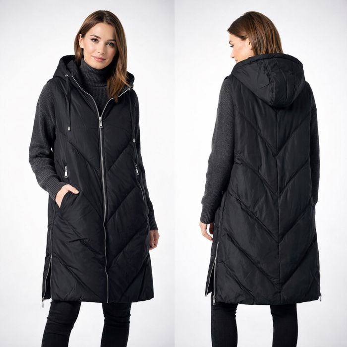 ПРОМО ! Дълъг дамски елек с висока яка и качулка с метални ципове