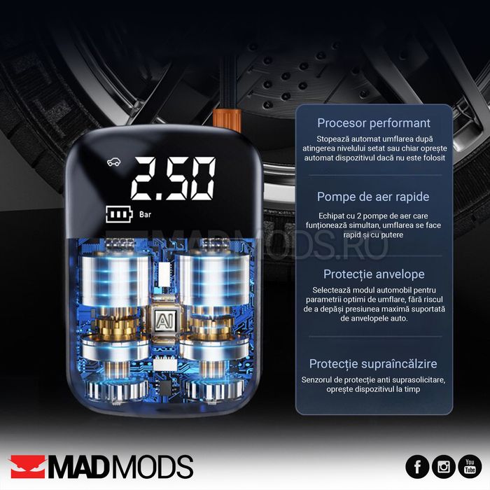 Compresor auto cu acumulator, 150 PSI, Afisaj digital, Lanterna, USB C