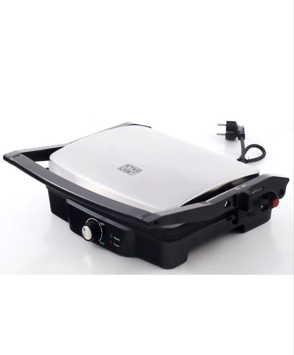 Gratar electric grill Panini barbeque, 2000 W, termostat reglabil, placi antiaderente, Negru/Inox