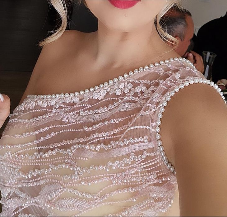 Rochie roz pal midi cu tull si perle marimea 38 BBY