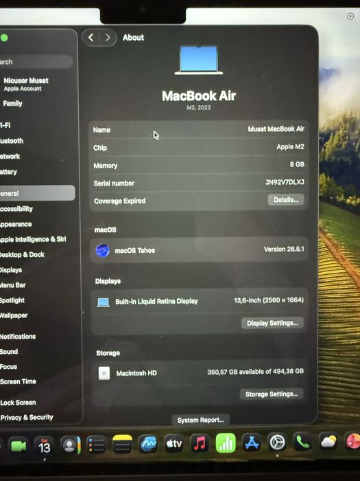 MacBook Air, M2, 8GB RAM, 512 GB hdd