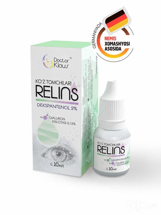 RELINS 2% dekspantenol va 0,15% gialuron ko‘z tomchilari, 10 ml.