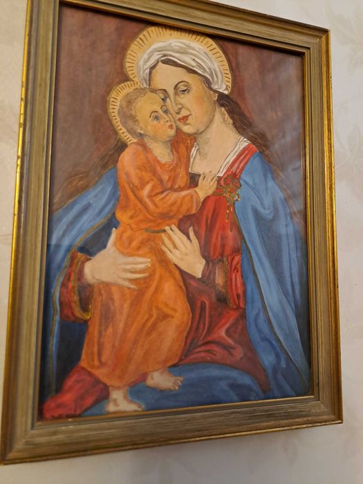 icoana Fecioara Maria cu Pruncul desen acuarele 16/21,5 cm