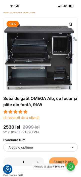 vand soba de gatit Omega alb,cu focar si plita din fonta,9kw.