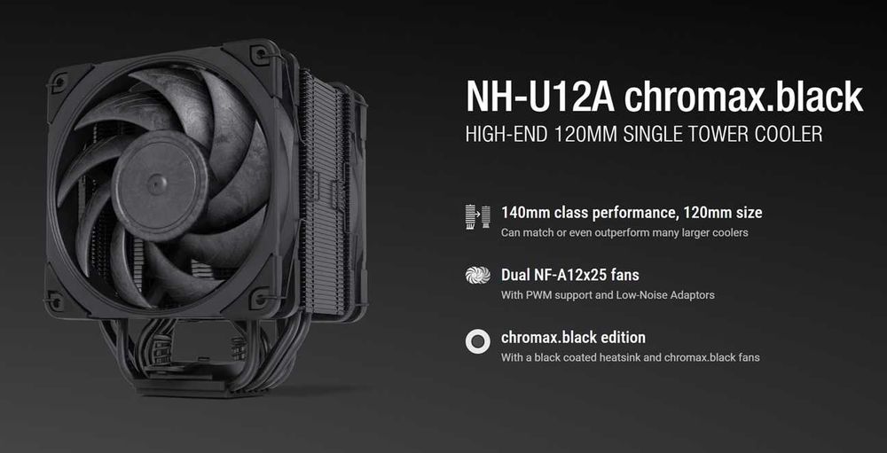 Охладител Noctua NH-U12A chromax.black 120mm, LGA 1150, 1151, 1155, 1156, 1200, 1700, 1851, 1954, AM4 и AM5