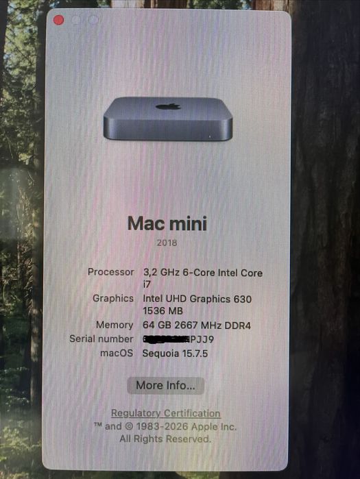 Mac Mini 2018 (Space Gray) i7 3.2Ghz 64GB RAM  1TB SSD