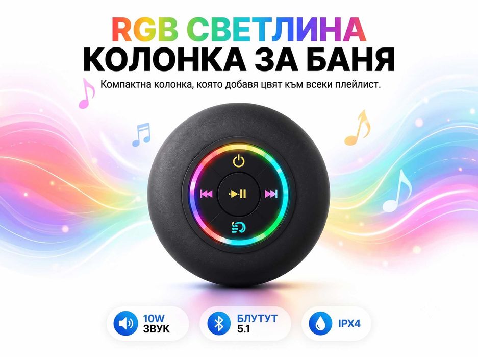 10W Bluetooth колонка за баня с вакуум, RGB светлини, Hifi Bass стерео звук
