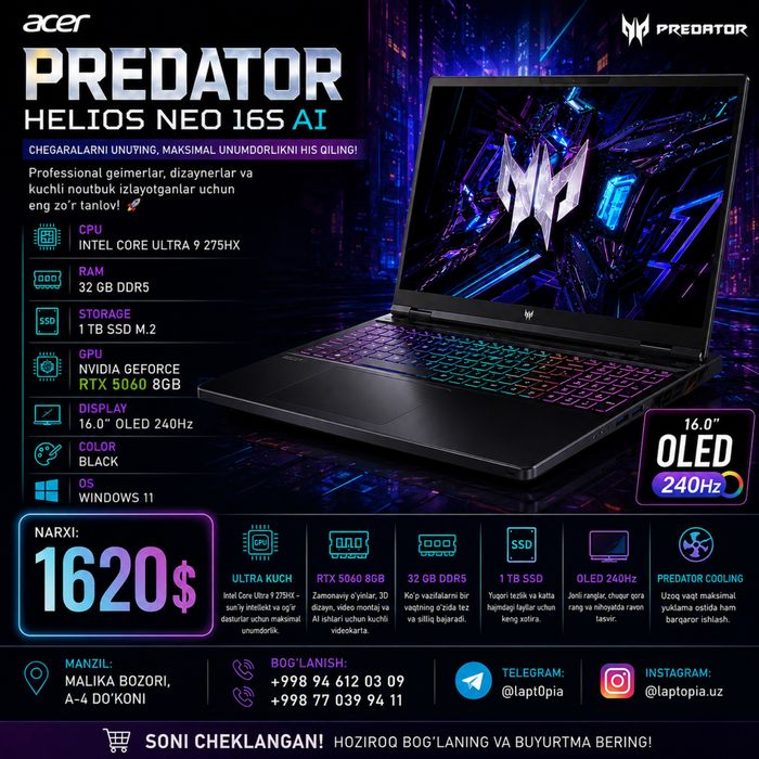 Acer Predator/ultra 9 275hx/32/1tb/rtx 5060 8gb