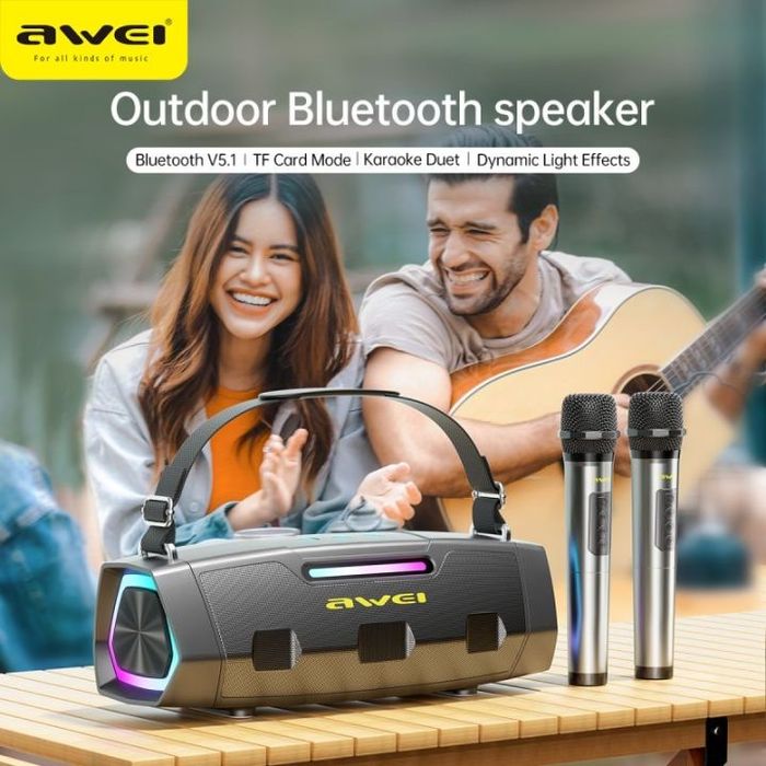 Караоке колонка Awei KT28 30 Вт, Bluetooth, RGB-подсветка, 2 микрофона