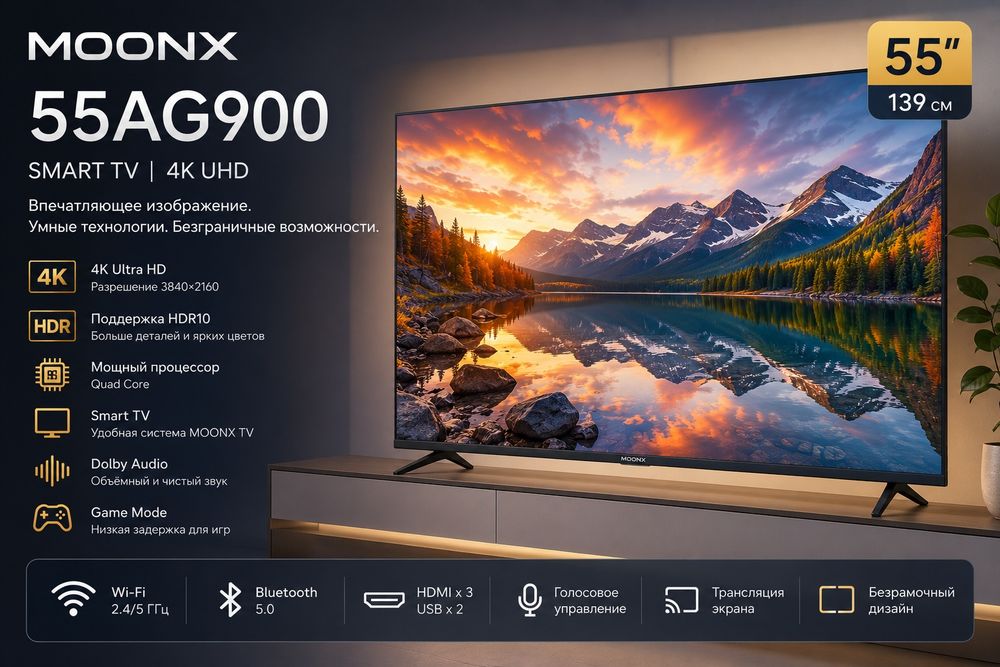 Телевизор Moonx 55AG900 4K UHD Android TV доставка + Установка бонус