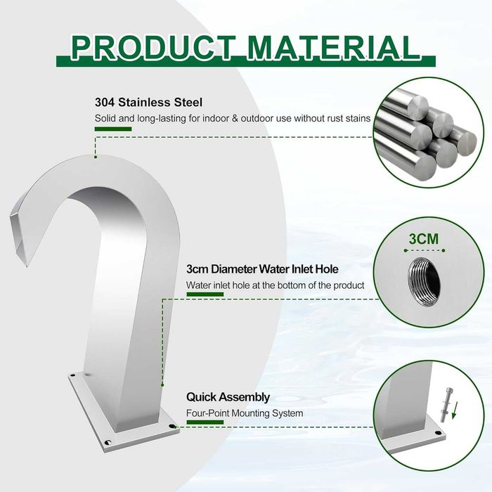 LONGRUNNEW Водопад преливник от неръждаема стомана,извит фонтан,42,5см