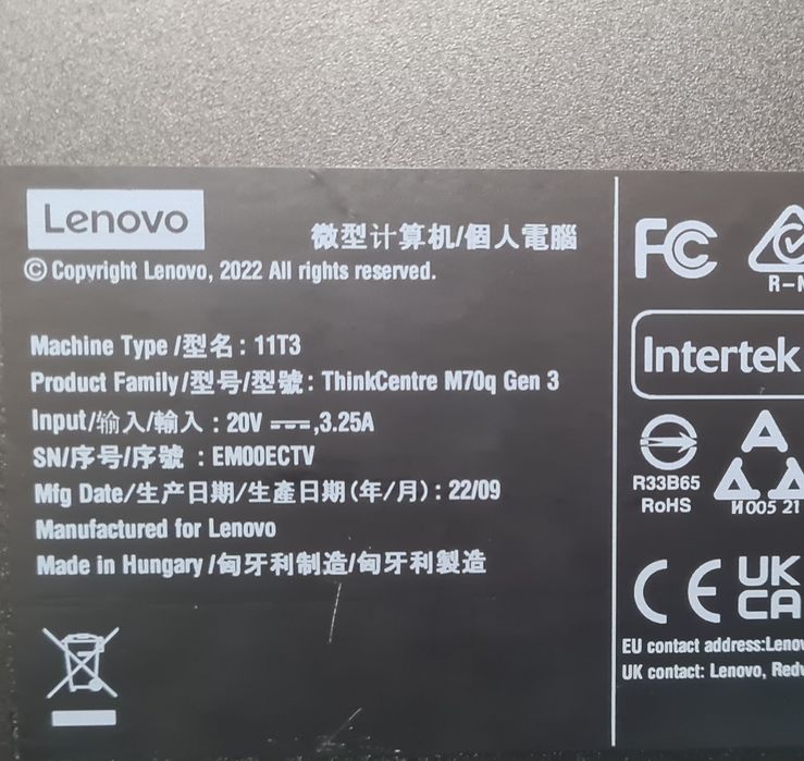 Mini PC Lenovo Thinkcentre M70q gen3 i3 12100T, 16 GB DDR4, 256 GB SSD