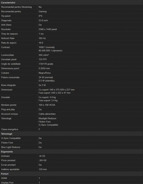 Monitor Gaming 1440p 1ms 165Hz AOC Q24G2A IPS 24 Inch - În Garanție & Calibrat