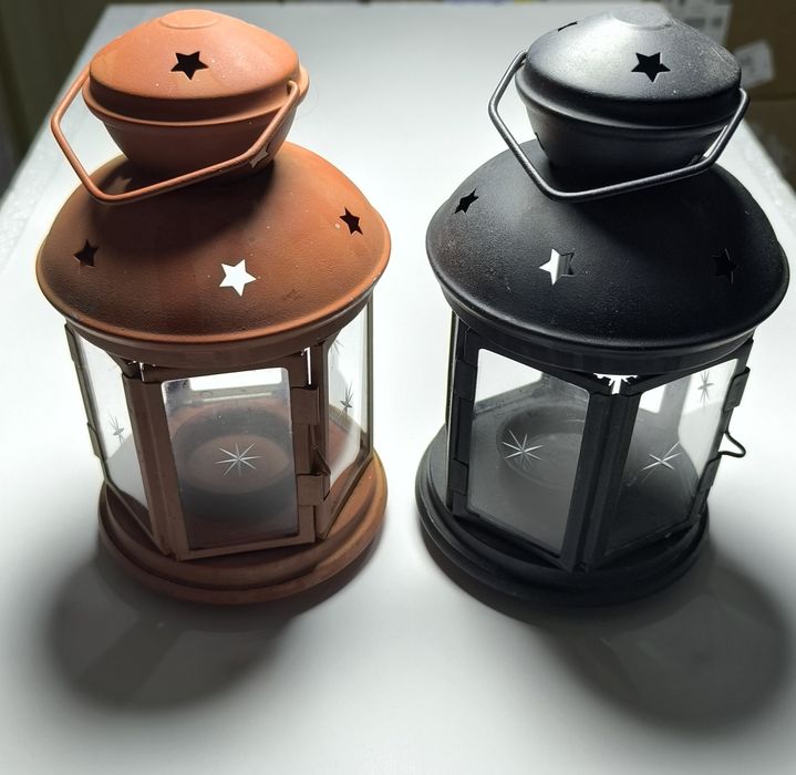 Set 2 felinare IKEA Rotera – Portocaliu/Cărămiziu și Negru (pentru lumânare pastilă)