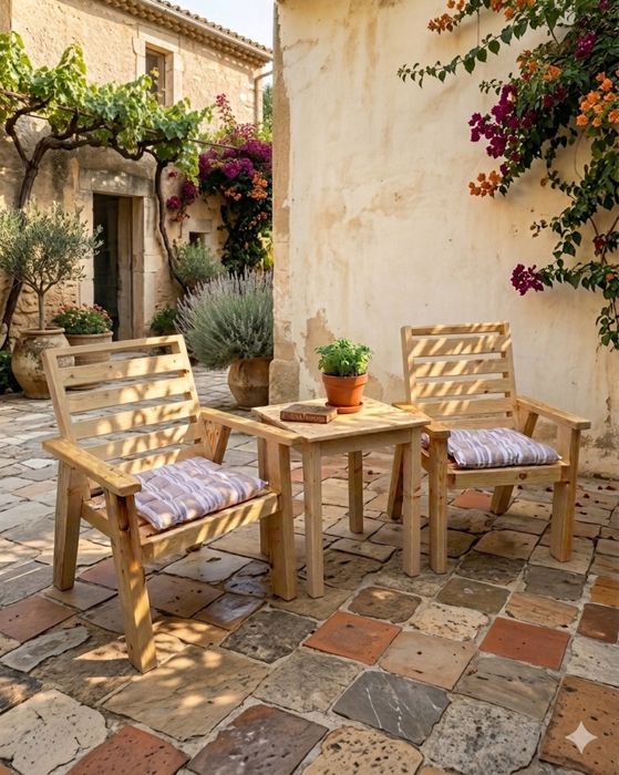 Градински комплект от масив: Маса, два стола и възглавници