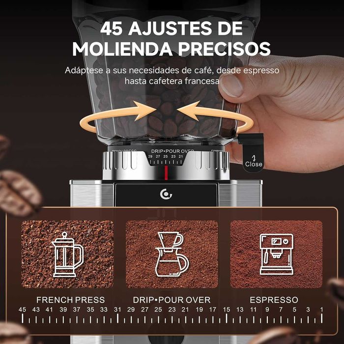 Râșniță electrică de cafea AMZCHEF, 45 de setări, oțel inoxidabil, memorie