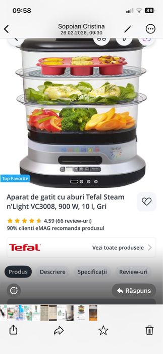 Aparat de gătit cu aburi Tefal Steam’n’Light VC3008 – 900W, 10L