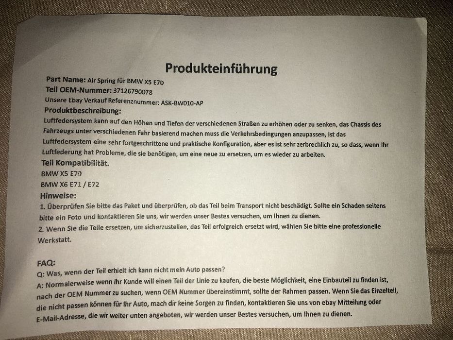 Perna aer fata stanga BMW F11, PRODUSE NOI. GARANTIE 1 AN