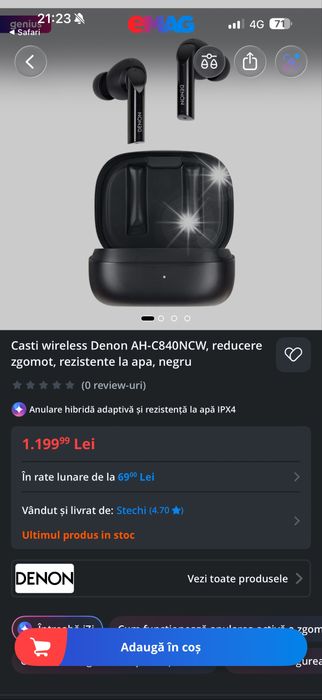 Casti wireless Denon AH-C840NCW, reducere zgomot, rezistente la apa, negru
