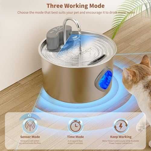 Нов Батериен фонтан за вода котка 3.2L инокс 304 3 режима 2 филтъра