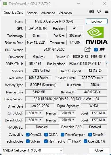 Placa video Gigabyte RTX 3070 EAGLE OC 8GB GDDR6 256-bit.