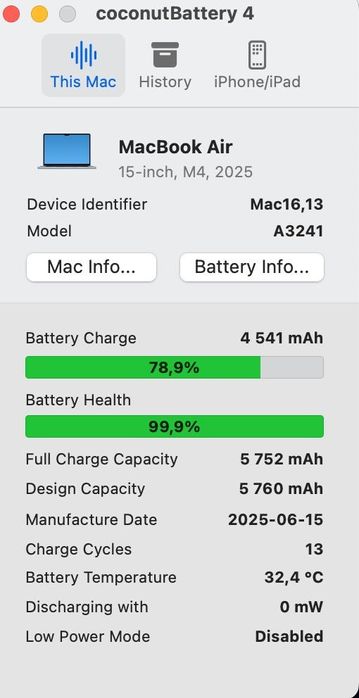 Macbook air 15 M4 16/256, 100% 13 циклов