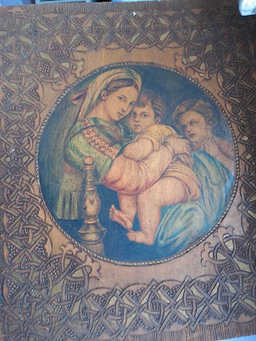 icoana veche pictura reproducere Rafael 17/20 cm semnata