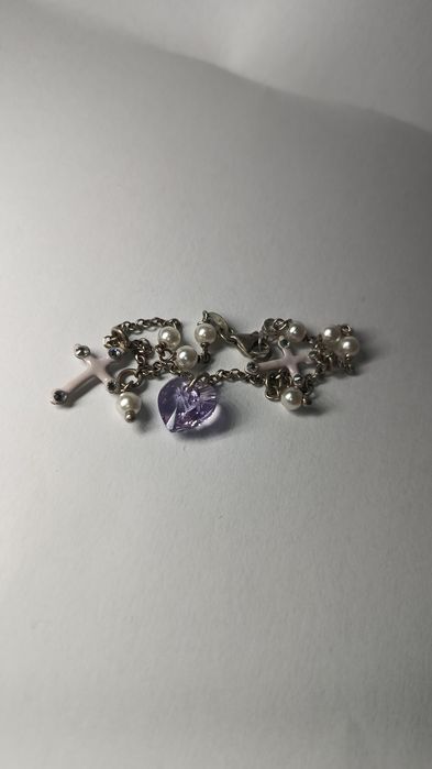 Brățară din Argint 925 cu Perle, Cruciulițe și Inimă Cristal Violet