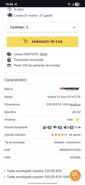 VAND anvelope vara HANKOOK Ventus S1 Evo3 AO EV