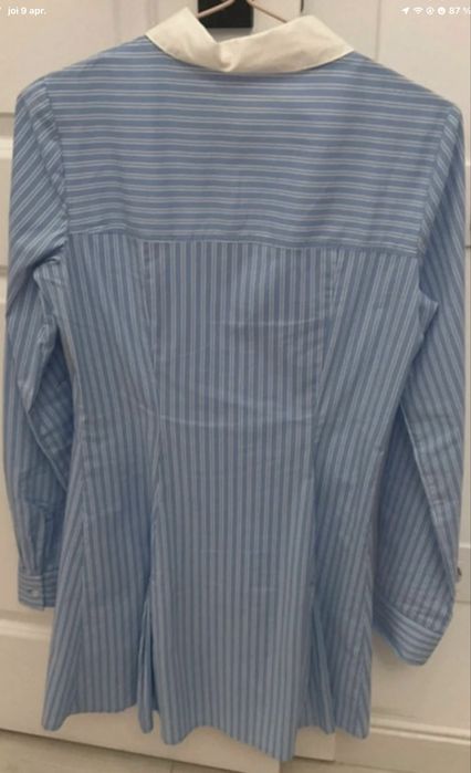 Rochie tip cămașă cu dungi - Guler contrastant & Pliuri - Stil Office/Casual