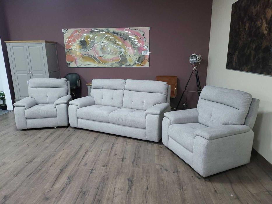 Италиански сив комплект от плат диван тройка и два фотьойла