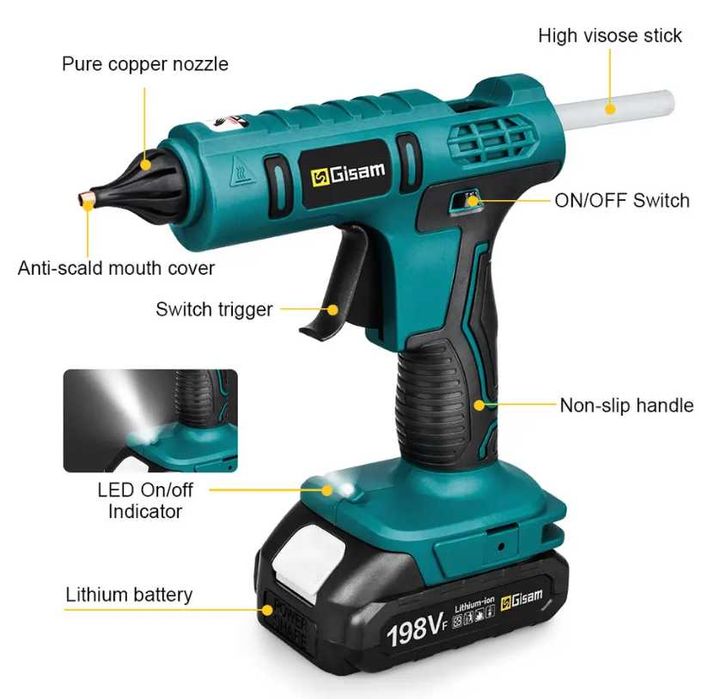 Пистолет за топъл силикон GISAM с 2 батерии