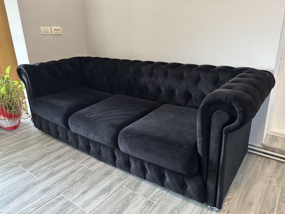 Canapea fixa + fotoliu negru set chesterfield