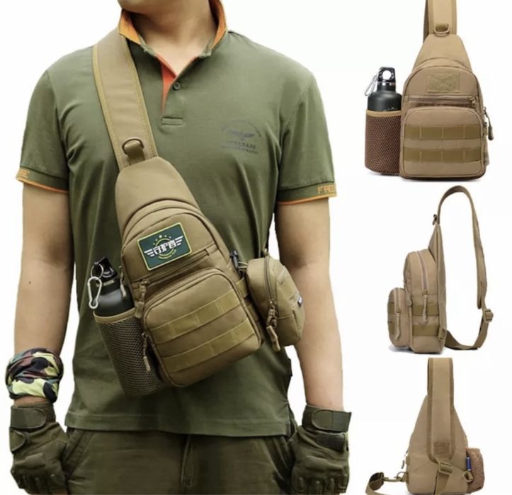 Тактическа чанта с мрежест джоб за бутилка подходяща за ловци рибари