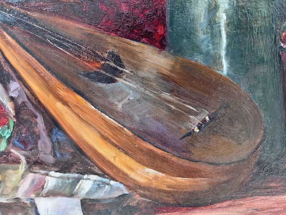 Pictura veche - natura statica cu cobza - semnat Satmary