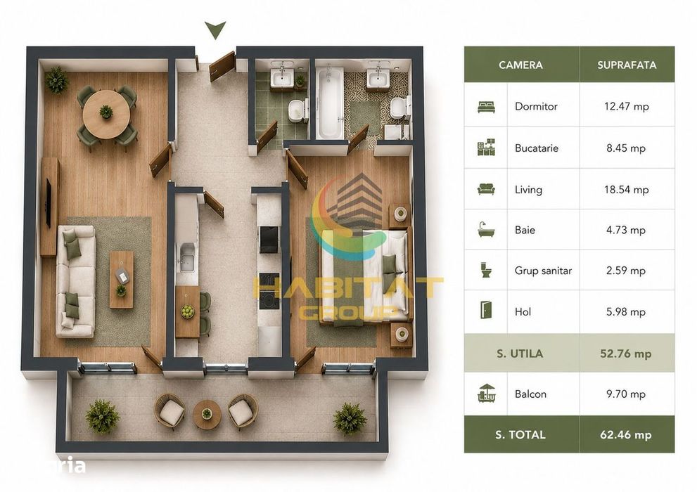 Apartament 2 camere - 2 bai - Premium