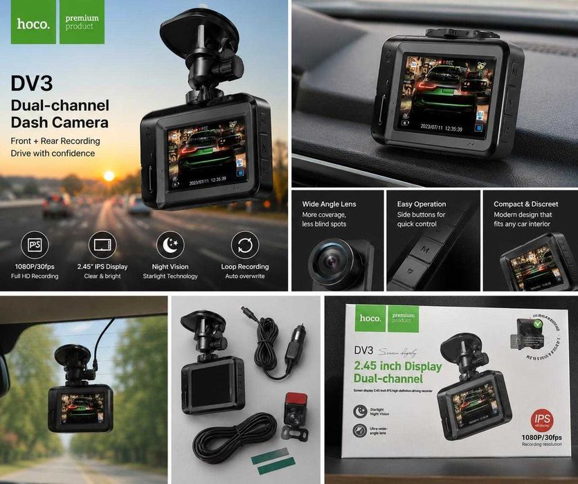 Dual-Channel Dash Cam – Cameră Auto Full HD cu Night Vision & Cameră Spate Inclusă
